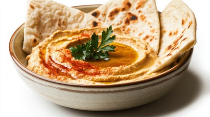A bowl of spicy harissa hummus topped with olive oil and smoked paprika, served with warm pita bread, Each scoop smooth and bursting with bold flavors