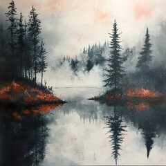 Misty Lake Reflection: Serene Forest Landscape