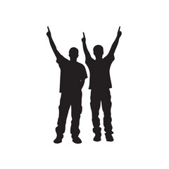 Silhouette of Two Young Men Raising Their Hands - Vector Illustration