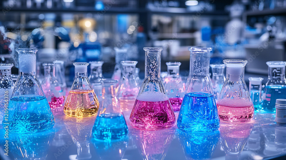 Poster table displaying various colorful glass bottles in different shapes and sizes