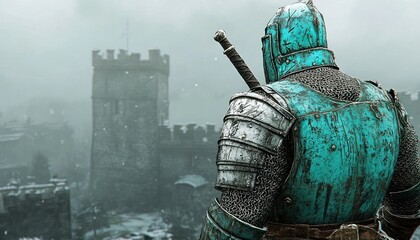 Knight surveys snowy castle ruins, game artwork.