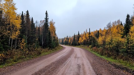 Obraz premium Autumnal Gravel Road Winding Through Colorful Forest