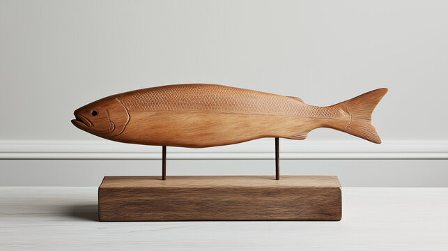 Wooden Fish Sculpture: A handcrafted wooden fish sculpture, elegantly displayed on a stand, showcasing intricate details and warm, natural wood tones.