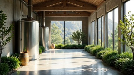 Fototapeta premium Serene Indoor Oasis with Industrial Vessels and Lush Greenery, Bathed in Natural Sunlight