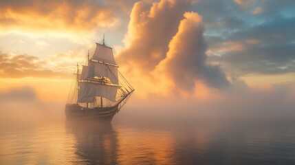 Fototapeta premium Majestic Sailing Ship at Golden Hour