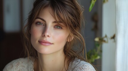 Fototapeta premium Natural Light Portrait of a Young Woman with Soft Facial Features