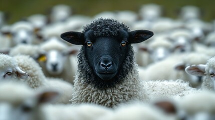 A Unique Black Sheep in a Flock of White Sheep Symbolizing Individuality and Rebellion Against Conformity