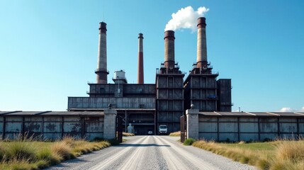 Obraz premium Industrial Complex Entrance Roadway Showing Aged Factory Structure with Emitting Smoke Stacks