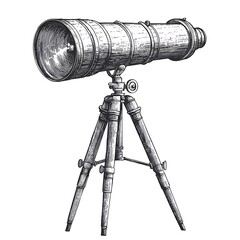 Antique telescope on tripod, hand-drawn illustration.