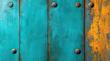 A weathered wooden door with a vibrant blue and orange color scheme.