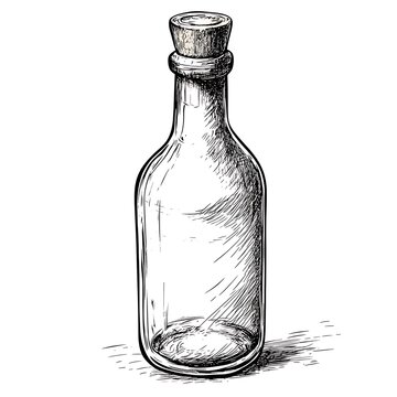 recommend clip art: Empty glass bottle with cork stopper, hand-drawn sketch.