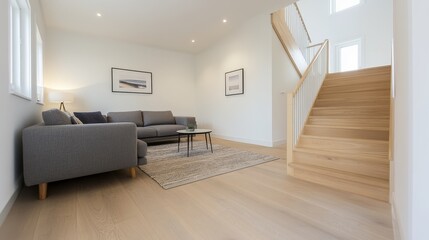 Fototapeta premium Modern living room with staircase, featuring a couch, coffee table, and minimalist decor.