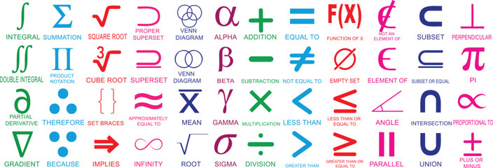 Mathematical symbols illustration, calculus, algebra, geometry, colorful signs, formulas, functions, set theory, operators, integrals, summation, square root, sigma, pi, Venn diagram, infinity