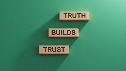 Truth builds trust symbol. Concept word Truth builds trust on wooden blocks.Business and Truth builds trust concept. Copy space.3D rendering on green background.