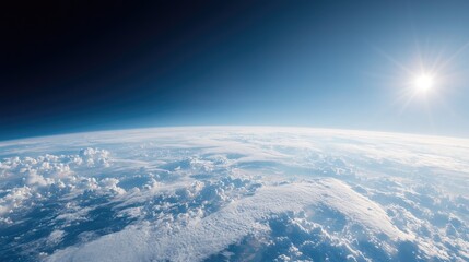 Earth view from space, sunlit cloudscape, atmospheric perspective, planet overview, for travel/science use