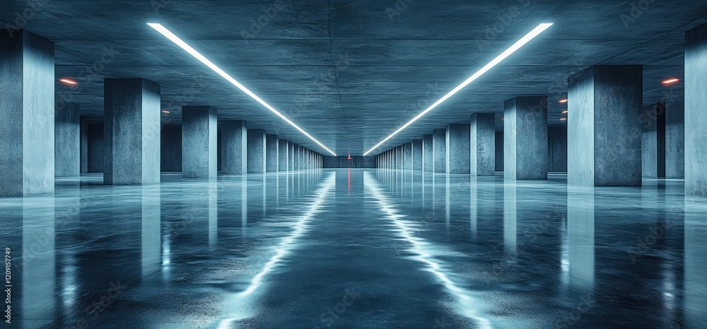 Poster futuristic industrial underground garage with concrete floors and angular columns in dark tones and 