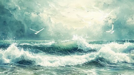 Obraz premium Serene Seascape with Waves and Seagulls Under a Cloudy Sky