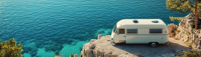 Obraz premium retro campervan scenic lake theme water color