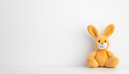 Obraz premium Cute orange plush bunny sitting on a clean white surface, evoking a sense of warmth and playfulness