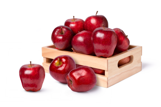 red apples in wooden box isolated