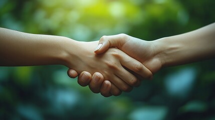 Two hands shaking against a blurred green nature background.