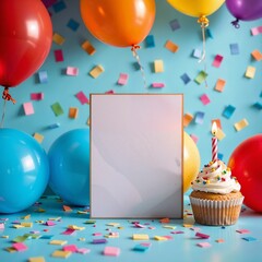 Vertical greeting card mockup with festive balloons and cupcake for birthday celebration