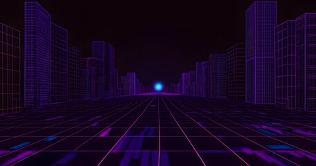 Obraz premium An infinite futuristic cityscape made of glowing purple and blue wire frame structures, forming digital skyscrapers, atmosphere technology