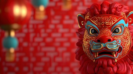 Fototapeta premium Vibrant Chinese Guardian Lion Sculpture