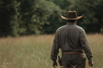 Lone Cowboy Walking in Grassy Field