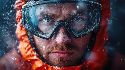 Close up of Man s Face in Snowstorm Wearing Goggles and Orange Jacket Extreme Weather Conditions