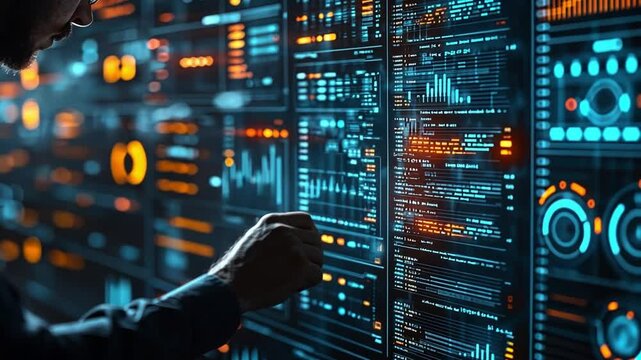Digital Strategist: A person interacts with a futuristic, holographic interface brimming with data streams, graphs, and dynamic visualisations, symbolizing innovation and technological advancement. 