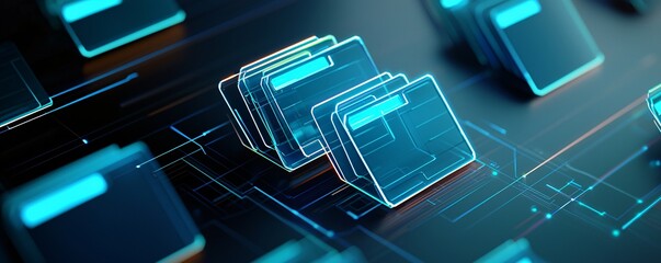 an artistic representation of a knowledge organization hub, layered digital file cabinets and cascading holographic folders in vivid neon blues and greens, tech-infused design, abstract sci-fi