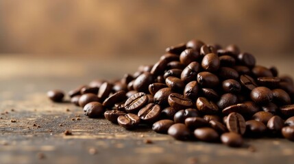 Obraz premium Aromatic Roasted Coffee Beans Resting on a Rustic Wooden Surface