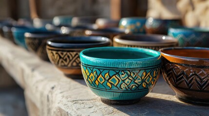 A collection of colorful ceramic bowls and vases arranged on a stone ledge.