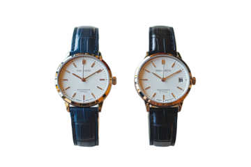 Elegant pair of luxury watches with leather straps and classic design for collectors isolated on transparent background
