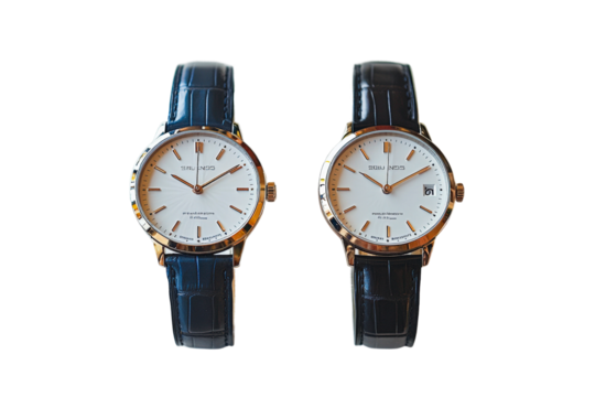 Elegant pair of luxury watches with leather straps and classic design for collectors isolated on transparent background