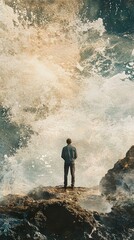 Obraz premium Contemplating the Ocean's Majesty: A Man Faces a Powerful Wave