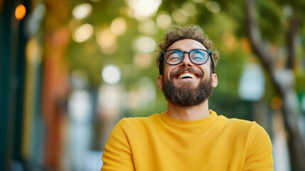 A man with glasses and a beard joyfully laughs in a natural, urban outdoor environment. The bright and vibrant scene conveys a sense of happiness and relaxation.