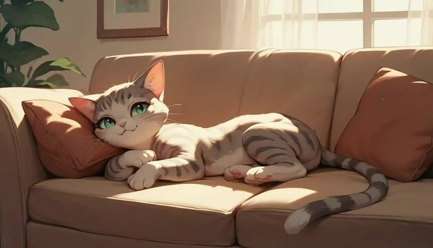 Un gato descansando en un sof&aacute; c&oacute;modo