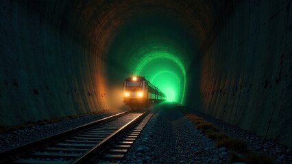 Obraz premium A lone train travels through a dark, mysterious tunnel, emerging into an ethereal green light at the end of its journey.