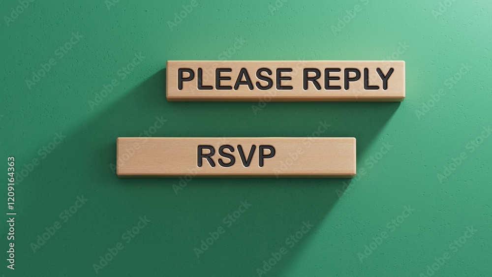 Fototapete Word rsvp. Wooden small cubes with letters. Wooden cube blocks. Copy space.3D rendering on green background.