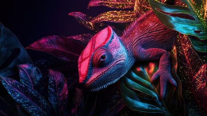 Obraz premium Vibrant lizard amidst colorful foliage in a dark setting.