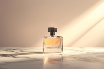 Elegant perfume bottle mockup on a minimalist marble surface, beautifully illuminated to highlight its design, perfect for branding and advertising.