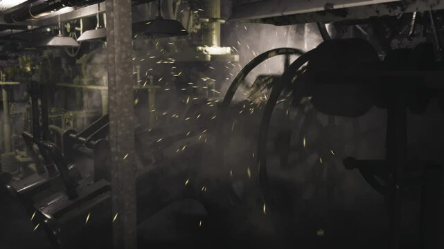 Large industrial machinery is active in a dark workshop, generating sparks as metal parts come into contact. The atmosphere is filled with a mist of smoke and dust, hinting at heavy duties.