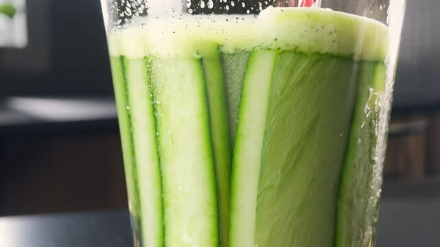 Dolly out video, refreshing cucumber mint smoothie in a tall glass, with a swizzle stick, thin ribbons inside, diffused lighting