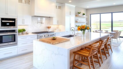 Modern kitchen countertops neutral tones concept. A modern kitchen with a spacious island, elegant cabinetry, and large windows offering scenic views, adorned with fresh flowers for a welcoming touch.