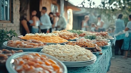 Fototapeta premium vibrant celebration: a colorful table of traditional foods honoring workers' dedication and culture – perfect as a poster for sports interiors!