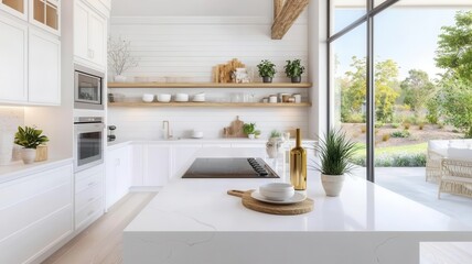 Modern kitchen countertops neutral tones concept. A modern, stylish kitchen featuring white cabinetry, open shelves, large windows, and greenery, creating a bright and inviting atmosphere.