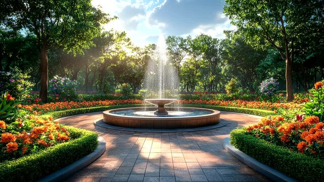 Garden fountain surrounded by vibrant flowers and lush greenery illuminated by sunlight. Seamless looping 4k time-lapse animation video background