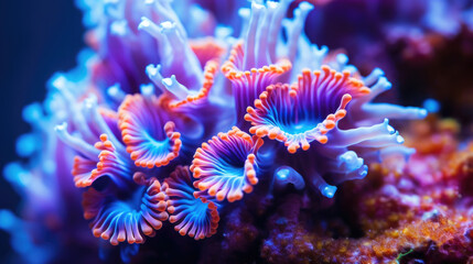 Close-Up of Exotic Coral Polyps with Neon Colors. International Day for Biodiversity. World Oceans Day. Marine. Dive Tourism. Environmental Education. Earth Day
